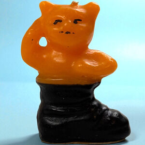 Vintage Gurley Halloween Candle Pumpkin Orange Cat in a Boot Shoe Kitty 3" Unlit
